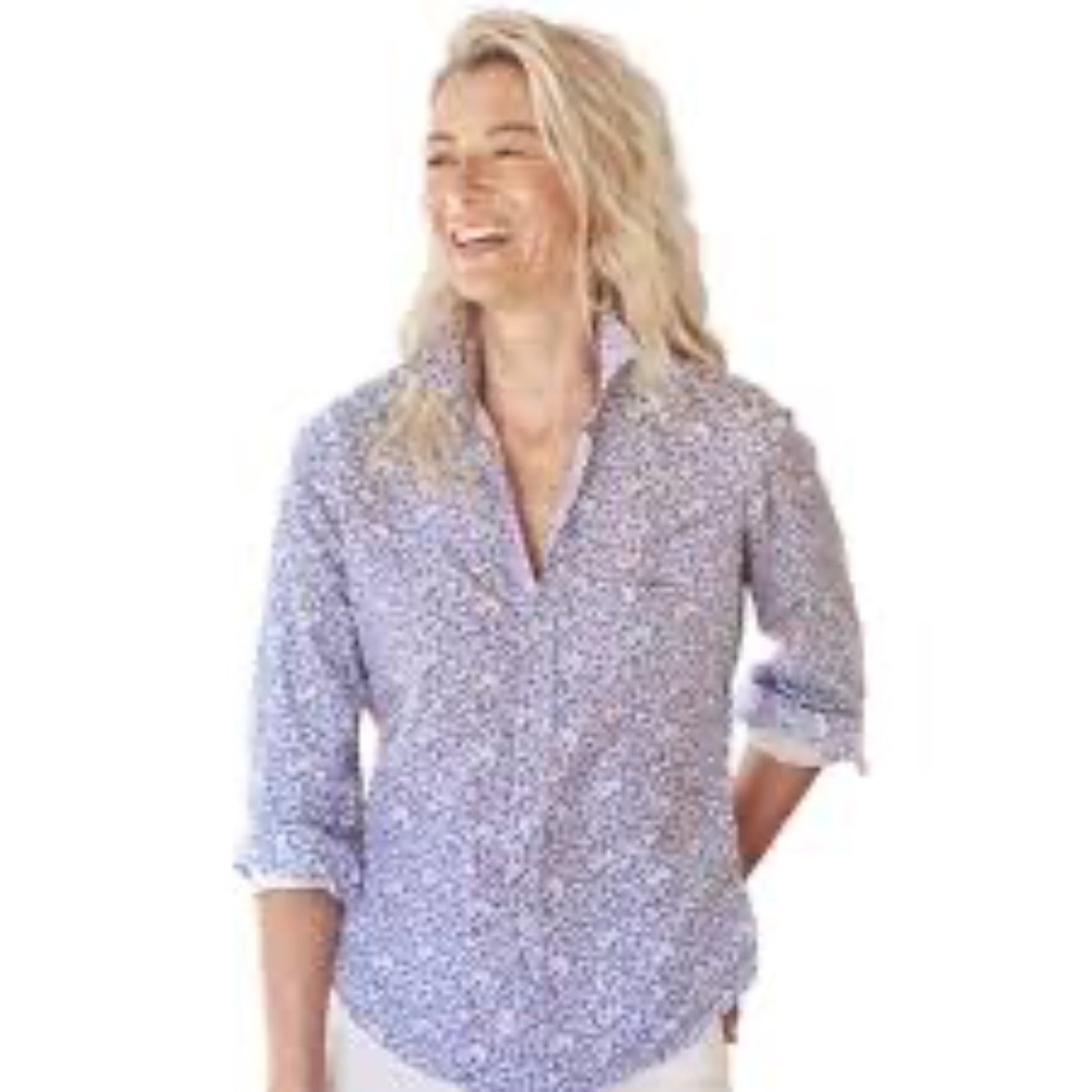 New Frank & Eileen Women's Sz S Ditsy White Blue and Pink Floral Print Shirt